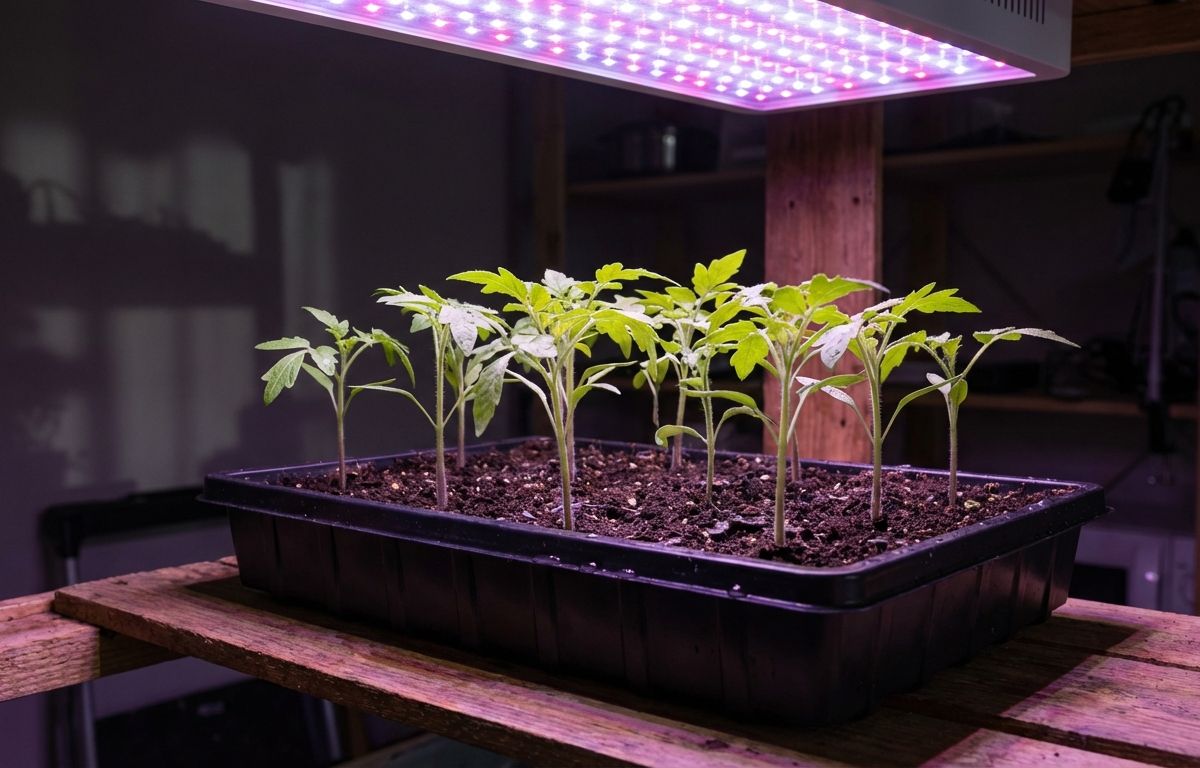 Close-up 45-degree angle shot of young tomato seedlings (approximately 10 cm tall) growing under a purple LED grow light in a dark room. The vivid purple-pink glow of the LED panel illuminates the bright green seedlings from above, casting a soft colorful light. Seedlings are planted in a black seed tray on a wooden shelf. Dark background with subtle shadows. Photorealistic, editorial style, shallow depth of field, natural indoor atmosphere.